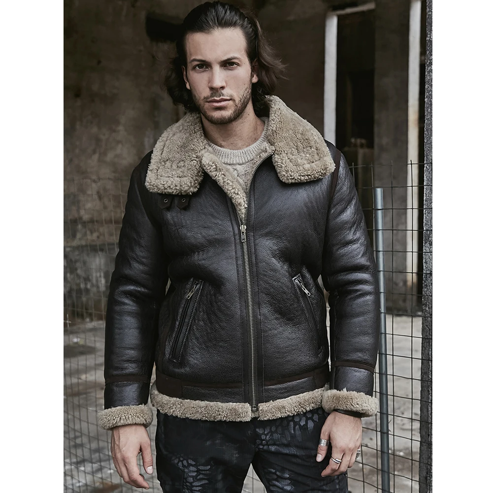 Denny&Dora Men's Shearling B3 Bomber Jacket Short Motorcycle Genuine Sheepskin Leather Coat