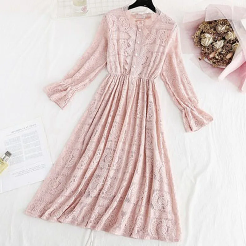 

2021 Spring New Sweet O-Neck Flared sleeves High Waist Dress Women print Elegant Elastic Waist slim Lace Dress