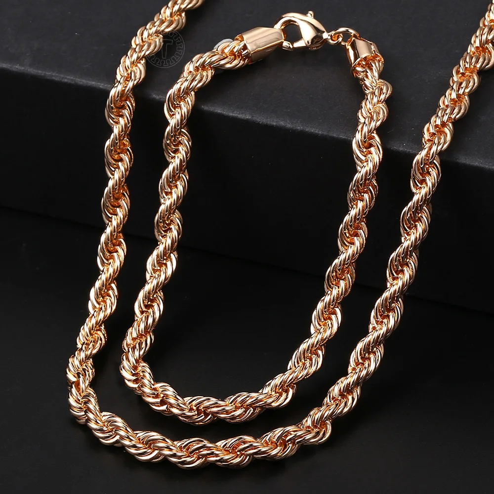 Width 5/6mm 585 Rose Gold Color Rope Chain Jewelry Set Twisted Necklace Bracelet for Women Men Fashion Jewelry Gift CS19