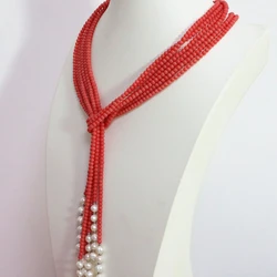 Top quality pink orange artificial coral 5mm round beads white natural pearl 1 strands charms scarf necklace 50inch B1447