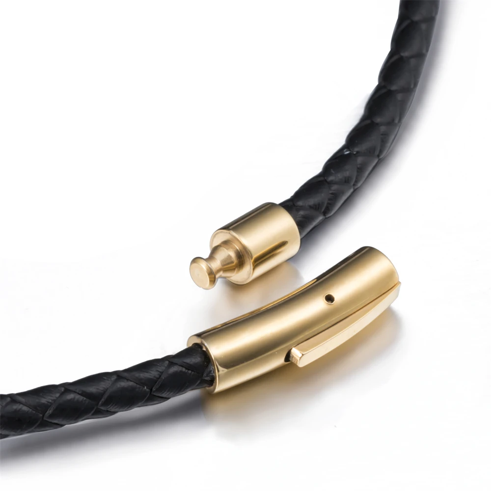 Black Leather Necklaces for Men Women 3mm Choker Braided Genuine Leather Necklace Cord Stainless Steel Magnetic Clasp