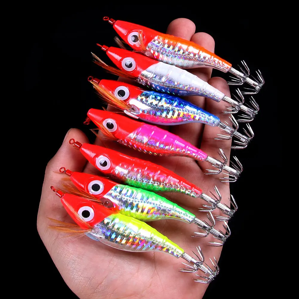 

50PCS Luminous Squid Jig Wood Shrimp Fishing Lure 10cm 9g Squid Cuttlefish Jigs Lures