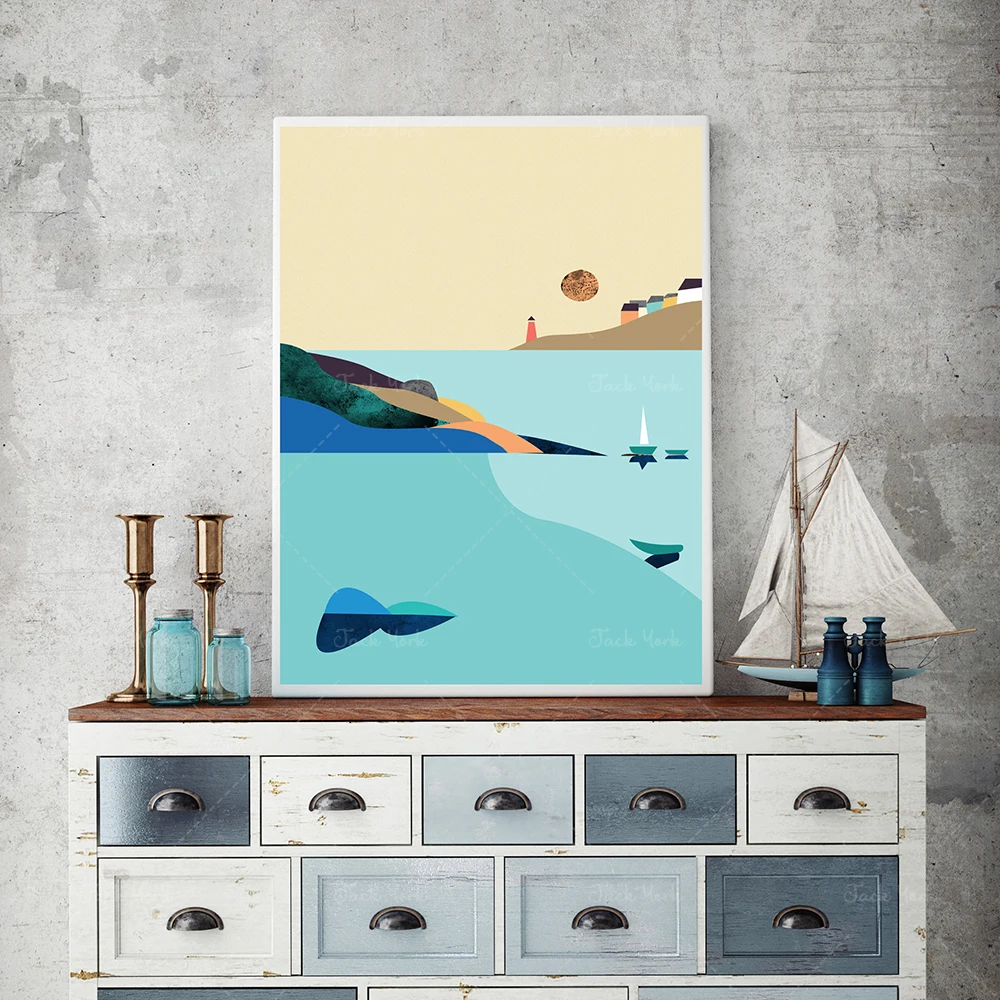 Hot Air Balloon over Mountain, Abstract Seascape, Lonely Boat Nordic Art, Yellow Blue Scenery, Island Sea Boat, Scandinavian