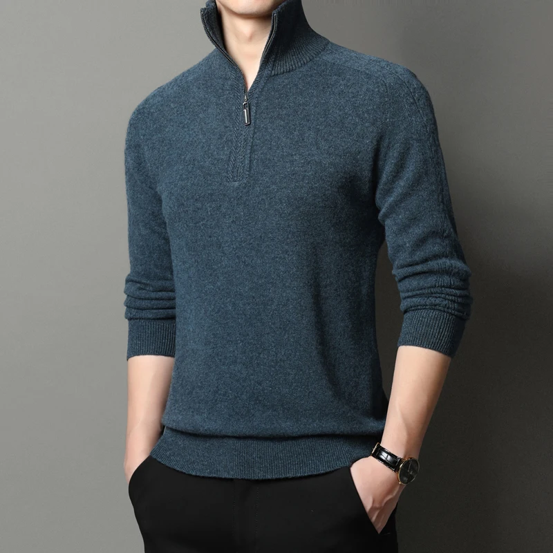 New 2021 Men's Cashmere Zipper Sweater Autumn & Winter 100% Wool Turtleneck Jumper Male Solid Color Pure Wool Knitwear Pullover