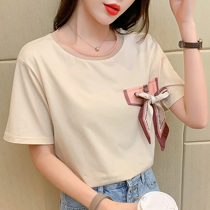 Women Summer Preppy O-Neck Short Sleeve T Shirt Casual Diamonds Office Lady White T Shirt Sweet Bow Thin Pullover Tops S-2XL