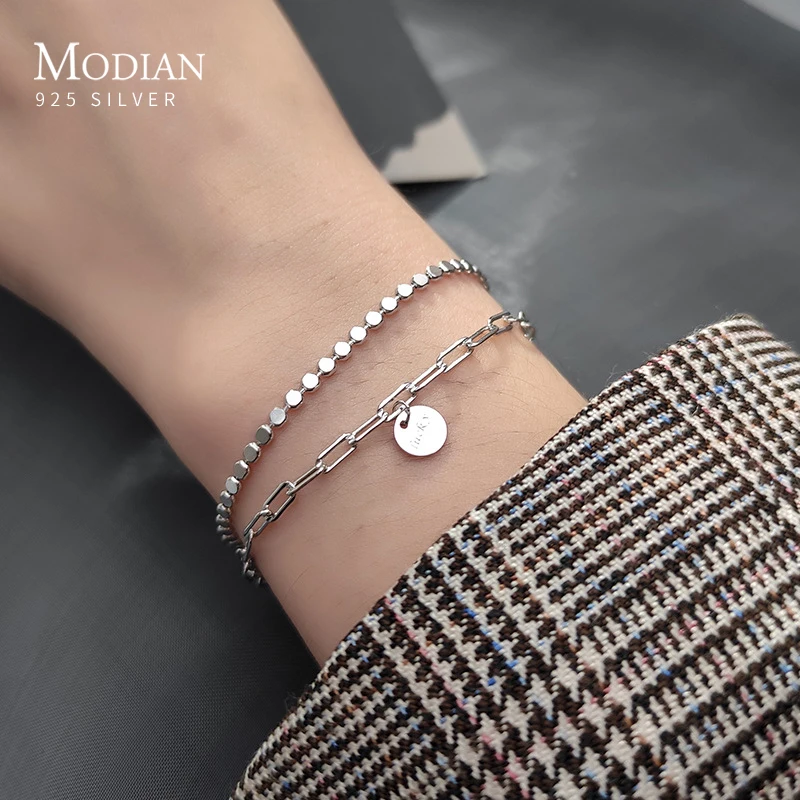 Modian Fashion 925 Sterling Silver Geometry Bracelet Double Layer Chain Link for Women Girl Original Bracelets Luxury Jewelry