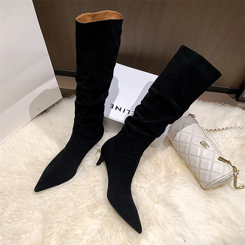 Meotina Genuine Leather Knee High Boots Cow Suede Women Shoes Thin High Heel Boots Pointed Toe Ladies Boots Autumn Black Brown