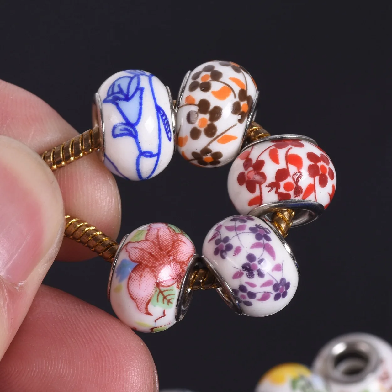 10pcs 12x9mm Flower Patterns Round Ceramic Porcelain European Charms Loose Big Hole Beads Lot for DIY Bracelet Jewelry Making