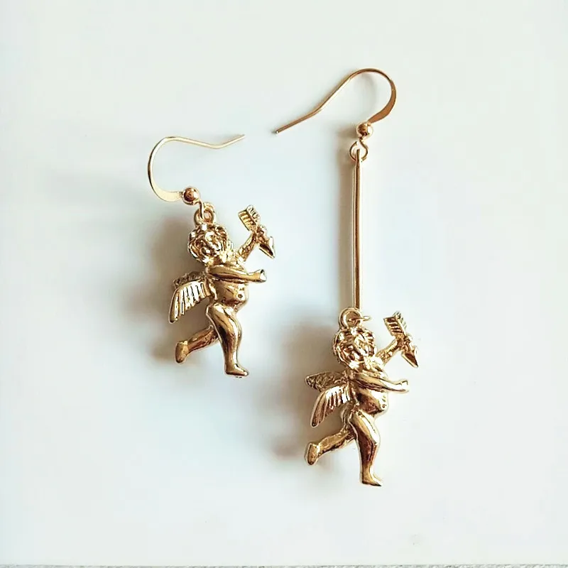 1 Pair Women Fashion Gold Color Asymmetry Cupid Drop Earrings Sweet Angel Earrings for Women Cute Jewelry Gifts