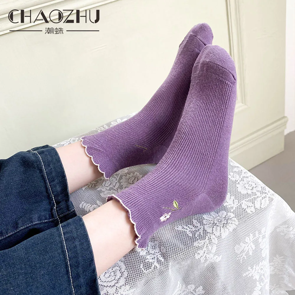 CHAOZHU Japanese Korea Kawaii Women Socks Rib Solid Colors Loose Students Floral Sewing Stretch Ankle Spring Summer Fall Sox