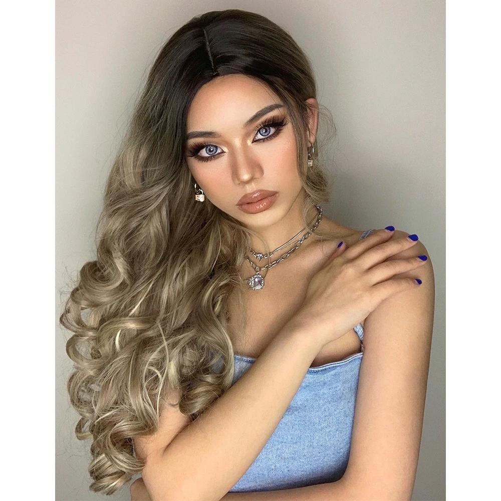 HENRY MARGU Ombre Brown Champagne Blonde Highlight Long Loose Wave Synthetic Hair Wig Natural Fake Hair for Women Heat Resistant