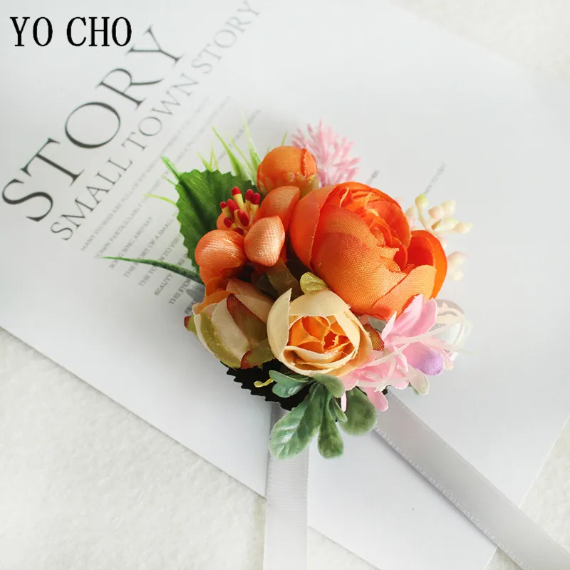 Yo cho casamento pulso corsage pulseira feminino noivo boutonniere pinos manguito pulseira dama de honra casamento testemunha de seda corsage flores