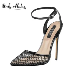 Onlymaker Women Sexy Ankle Strap Mesh Clear Pointed Toe 10CM Slingback Stiletto Pumps Black Sandals Summer Shoes