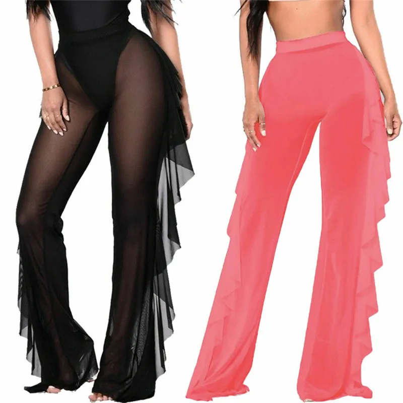 Hirigin Sexy Women See-through Pants Bikini Cover Up Mesh Ruffle Bottoms Plus Size Loose Long Trousers Beachwear Swimsuit