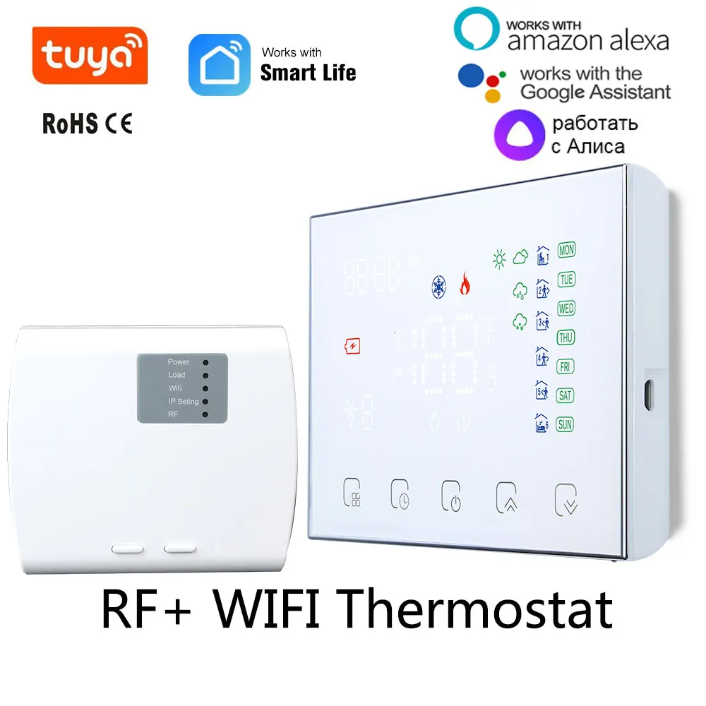 Tuya wifi termostato inteligente, rf sem fio controlador de temperatura 2 em 1 para caldeira a gás aquecimento de água funciona com alexa alice