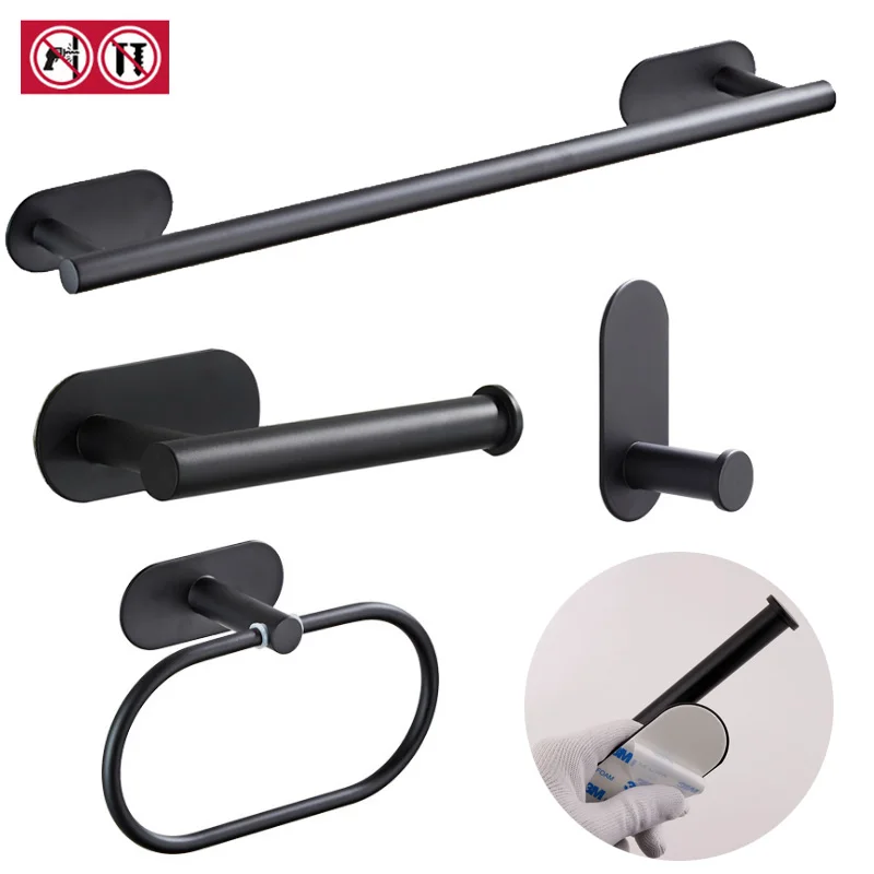 Zwarte Badkamer Accessoires Set 304 Rvs Lijm Badhanddoek Bar Ring Plank Wc-papier Rolhouder Coat Robe Haak