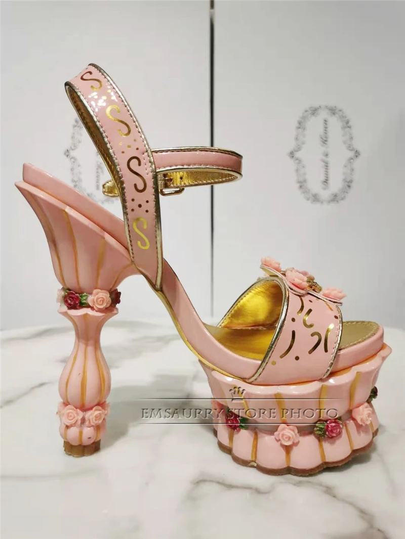 Print Flower High Platform Sandals Women Ankle Strap Sweet Pink Banquet Shoes Woman Rose Decor Strange Heel Summer Sandalias