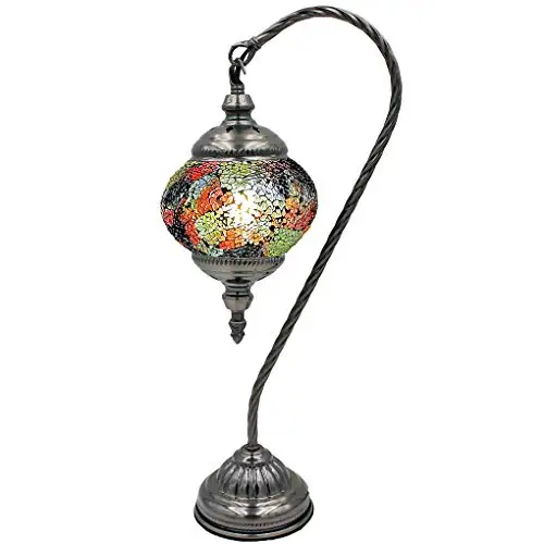 

LaModaHome Mosaic Turkish Lamp Moroccan Glass Swan Neck Lantern for Table Desk Bedside Bronze Base Bundle E12 with Light Bulb (O