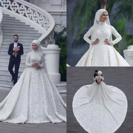 White Muslim Bride Dresses Ball Gown Appliques With Hijab Long Sleeves High Neck Bridal Long Gowns فساتين زفاف