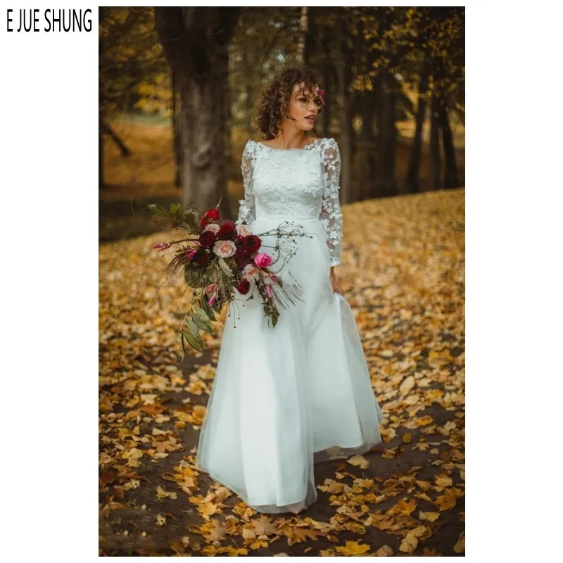 E JUE SHUNG Country Backless Wedding Dresses Illusion Long Sleeves Scoop Neck Bow Lace Appliques Wedding Gowns vestido de noiva