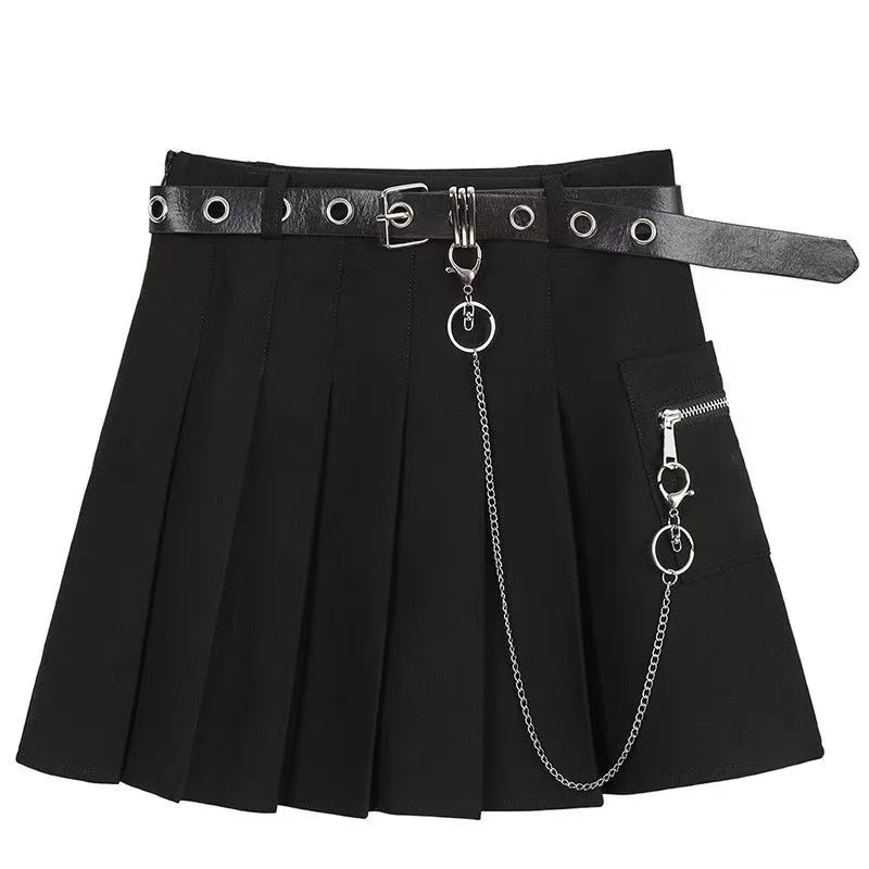 YBYR Punk Summer Gothic Skirts For Women Streetwear Casual Zipper High Waist Black Skirt y2k Sexy Mini Pleated Skirt Belt Chain