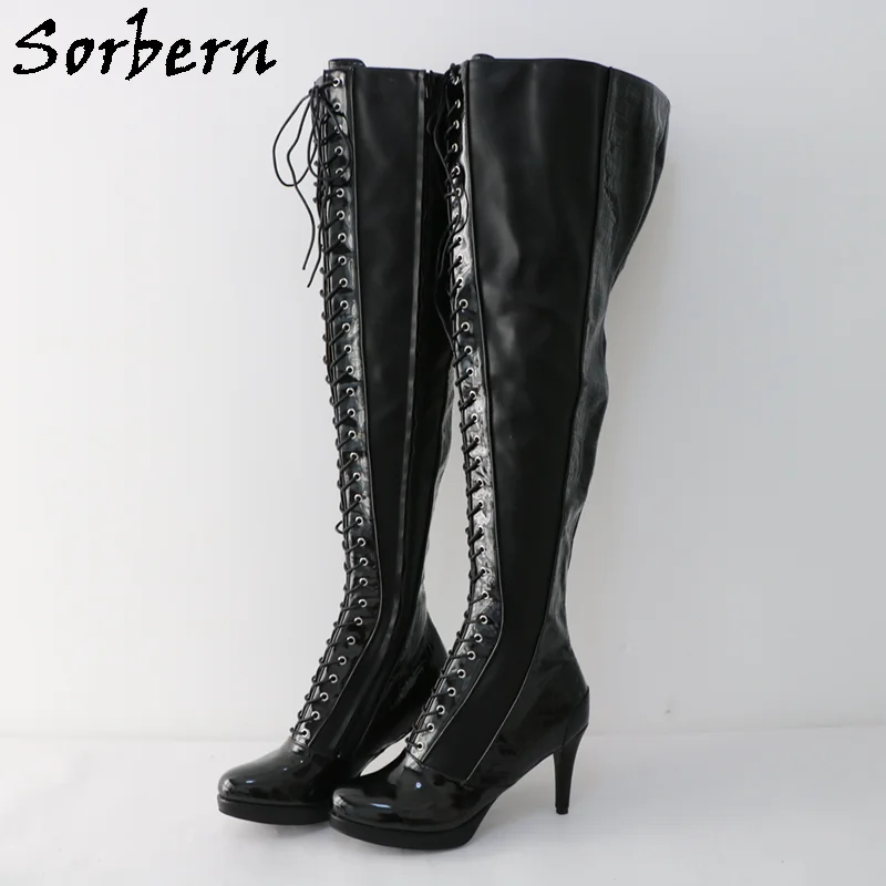 Sorbern stivali crespi rossi sopra il ginocchio coscia stivali alti da donna coccodrillo tacchi metallici stivali Unisex personalizzati per gambe