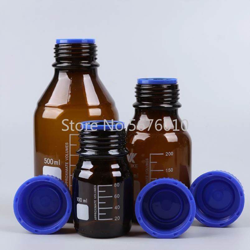 Botella de reactivo de 100/250/500/1000ml de capacidad, Boca de tornillo con tapa azul, vidrio ámbar marrón, equipo de laboratorio médico y química,