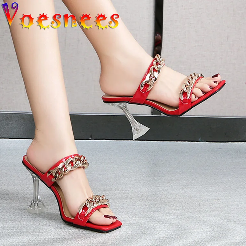 Voesnees New Bright Diamond Sandals 2021 Fashion Transparent PVC Slippers Women Square Toe Party Dress High-Heeled Shoes Summer