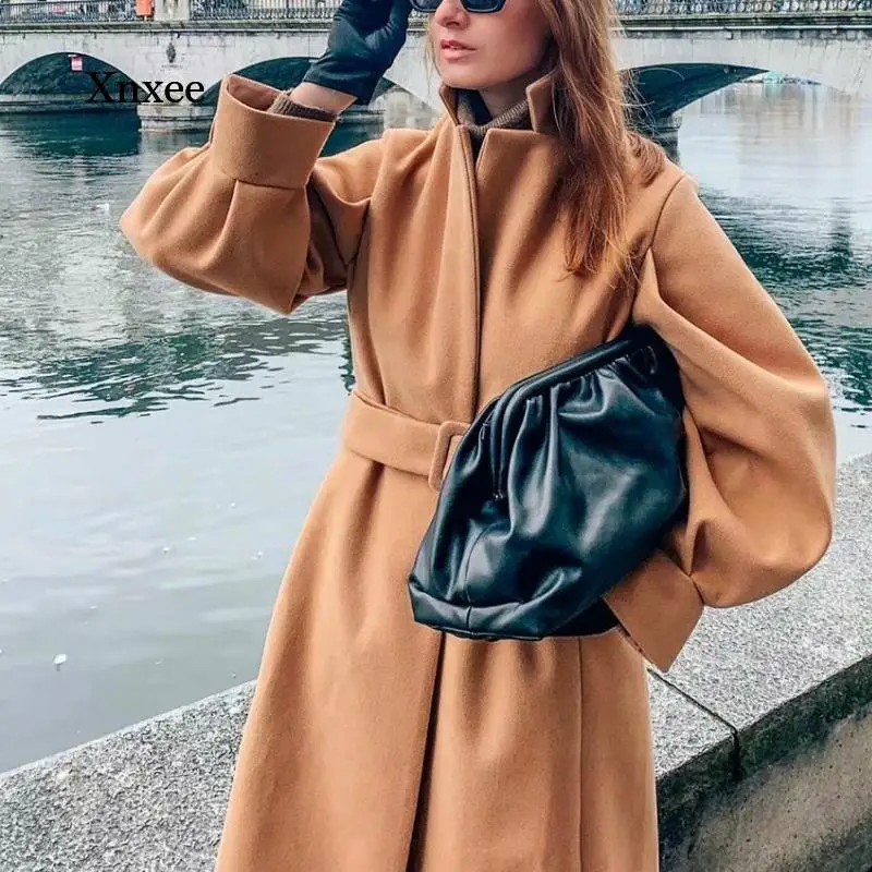 Long Wool Coat Autumn Winter New Women's Trench Belted Warm Jackets Fashion Ladies Lantern Sleeve Oversize Outerwear Clohing Top