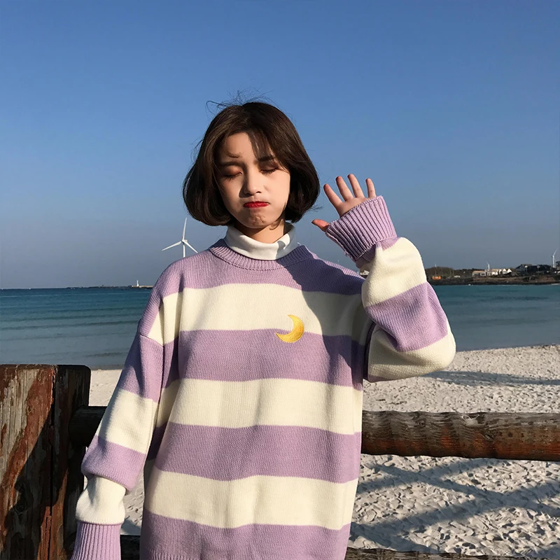 Women\'s Sweaters Kawaii Ulzzang College Wind Candy Contrast Striped Moon Sweater Female Korean Harajuku Clothing For Women