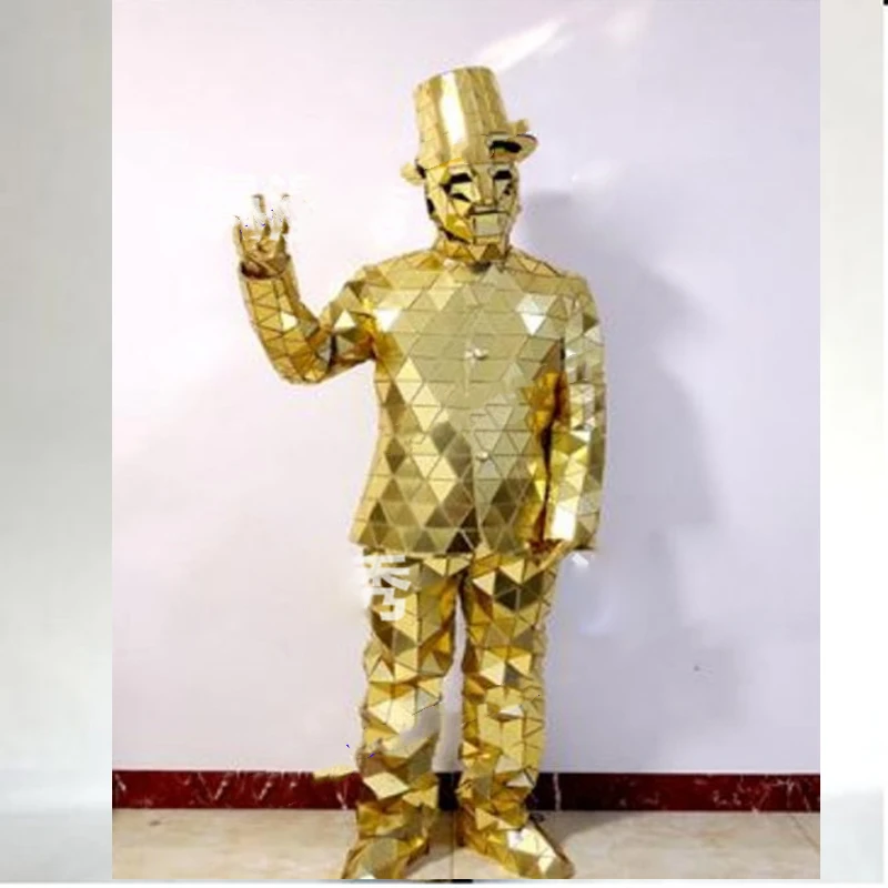 Gold mirror face dress suit reflective bar show men women costume GOGO stage mirror clothing future Space wedding costume