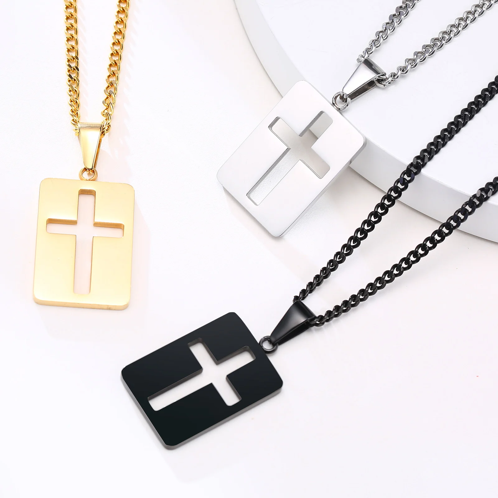 Men Necklaces, Cross Cut Out Pendant, Stainless Steel Small Dog Tag Necklace, Christ Religion Jewelry image 5