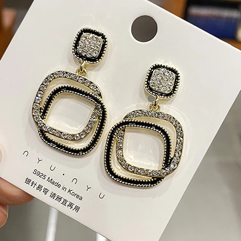 Korean Fashion Jewelry Double-Deck Circles Block Geometry Personality Sense Of Design Simplicity Inlaid Brick Earrings For Women