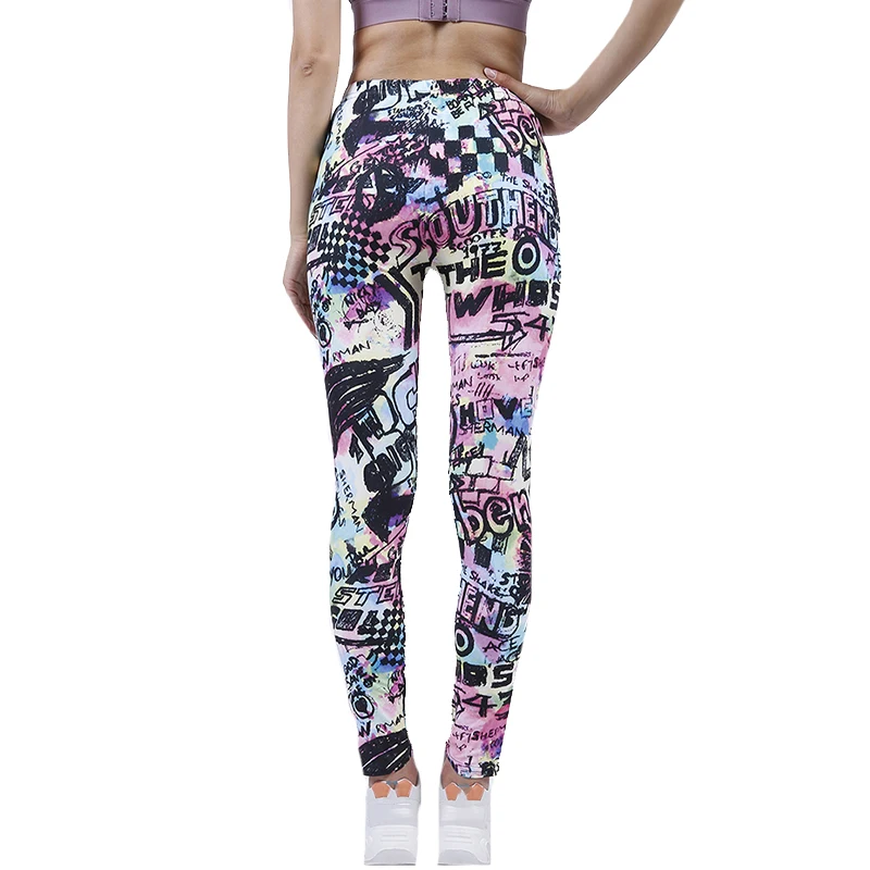 Ygyeeg Fitness Vrouwen Leggings Mode Patchwork Roze Graffiti Brief Hoge Taille Elastische Push Up Enkellange Polyester Bodem