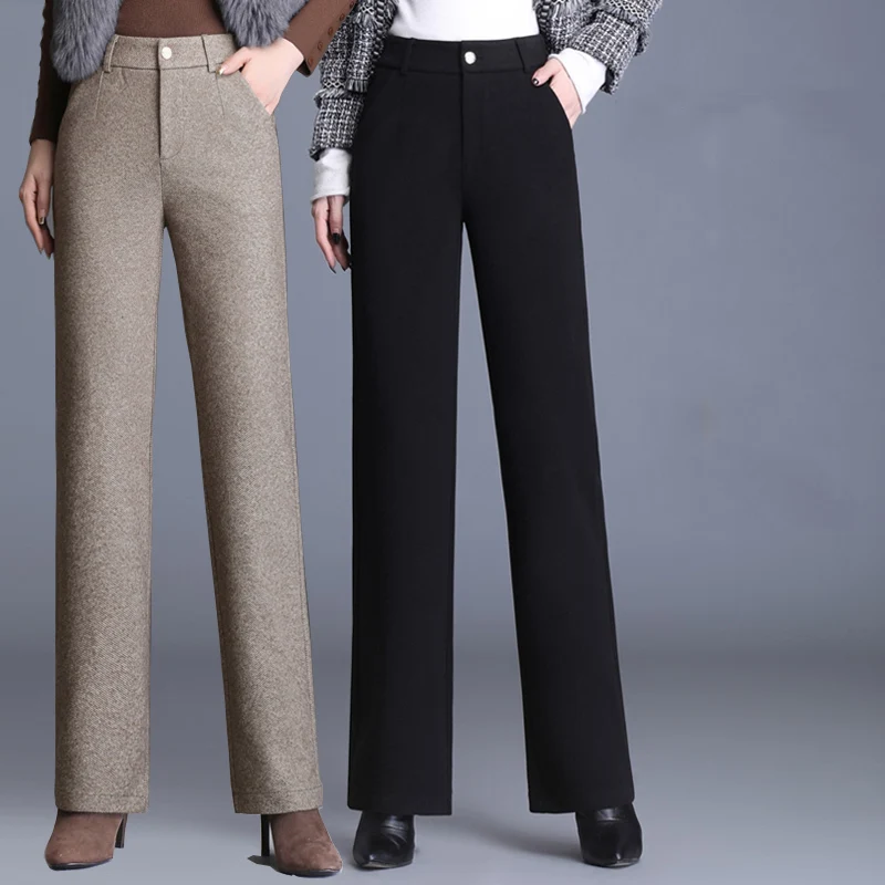 

2024 Autumn Winter Thicken Woolen Straight Feet Pants Women Plus Size Elastic Waist Flat OL Densy Warm Wool Trousers Beige Grey