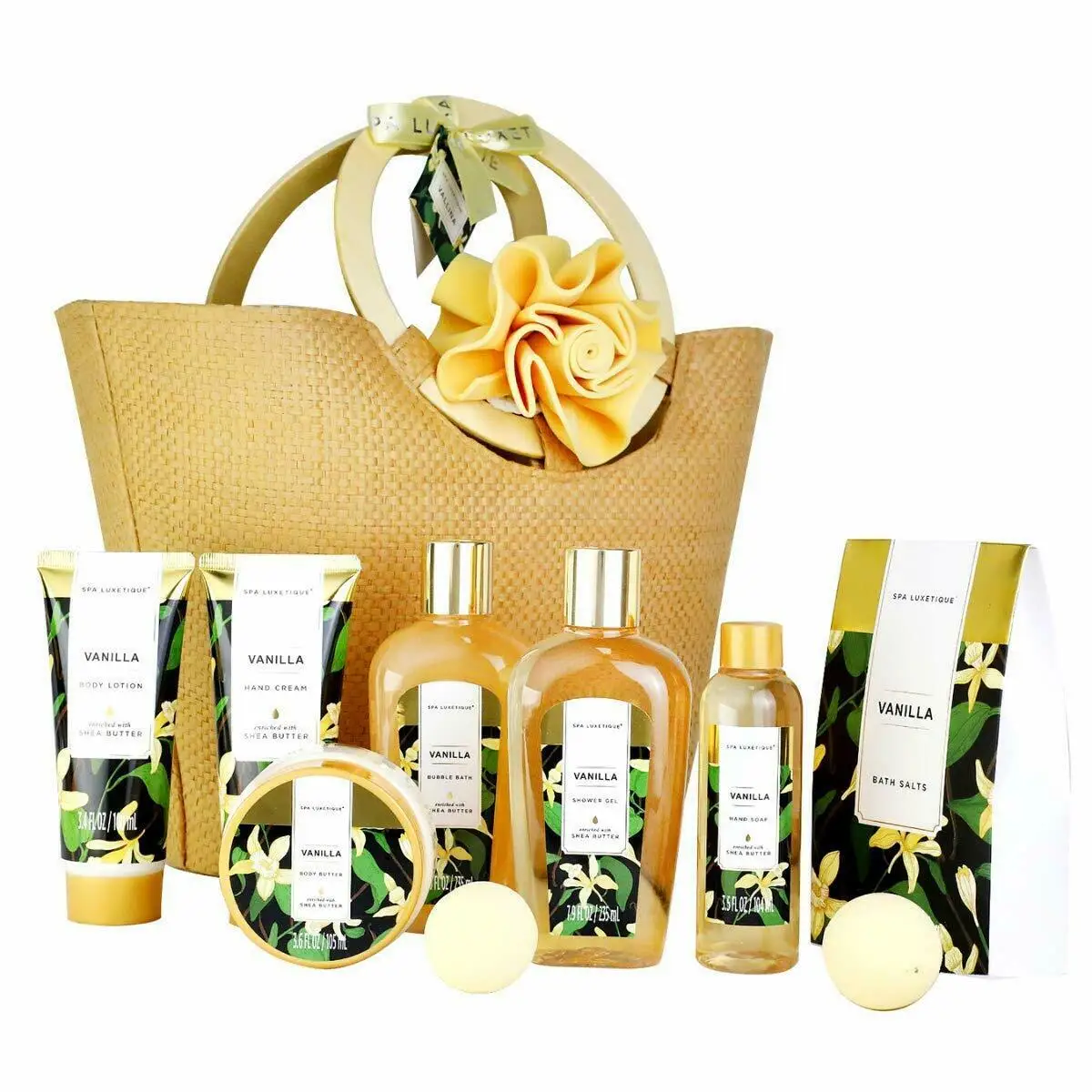 Gift Set for Women, 10pcs Vanilla Scent Spa Gift Basket in Weaved Bag, Home Bath Set with Body Butter, Bath Bombs