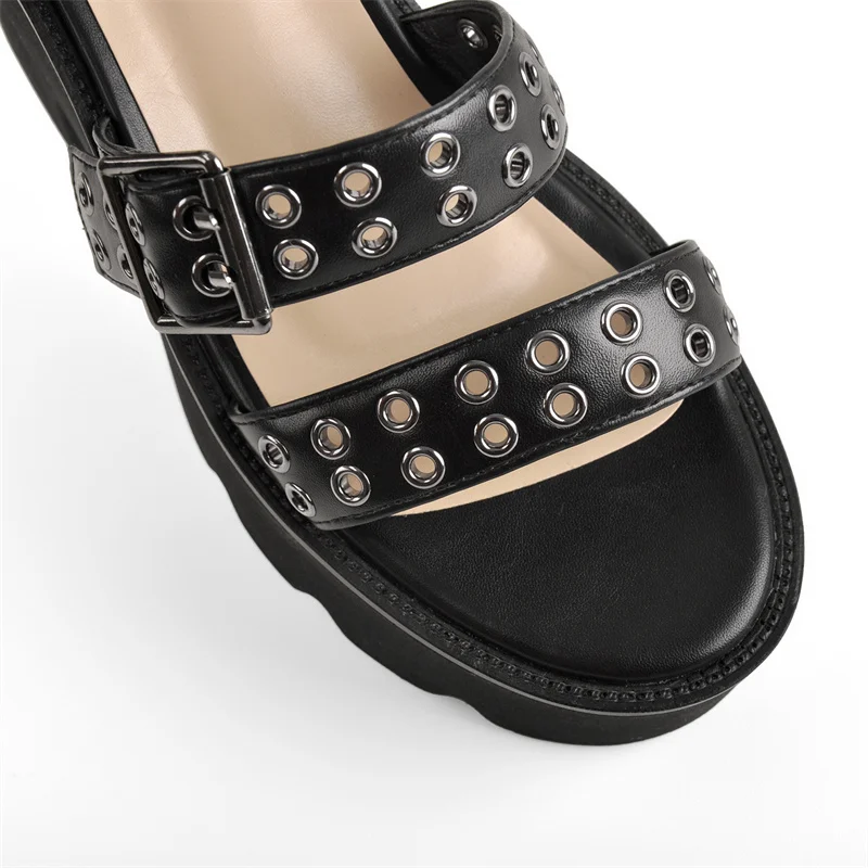 Onlymaker Women Round Toe Platform Sandals Matte Black Rivet Hollow Ankle Buckle Chunky High Heel Large Size Punk Sandals