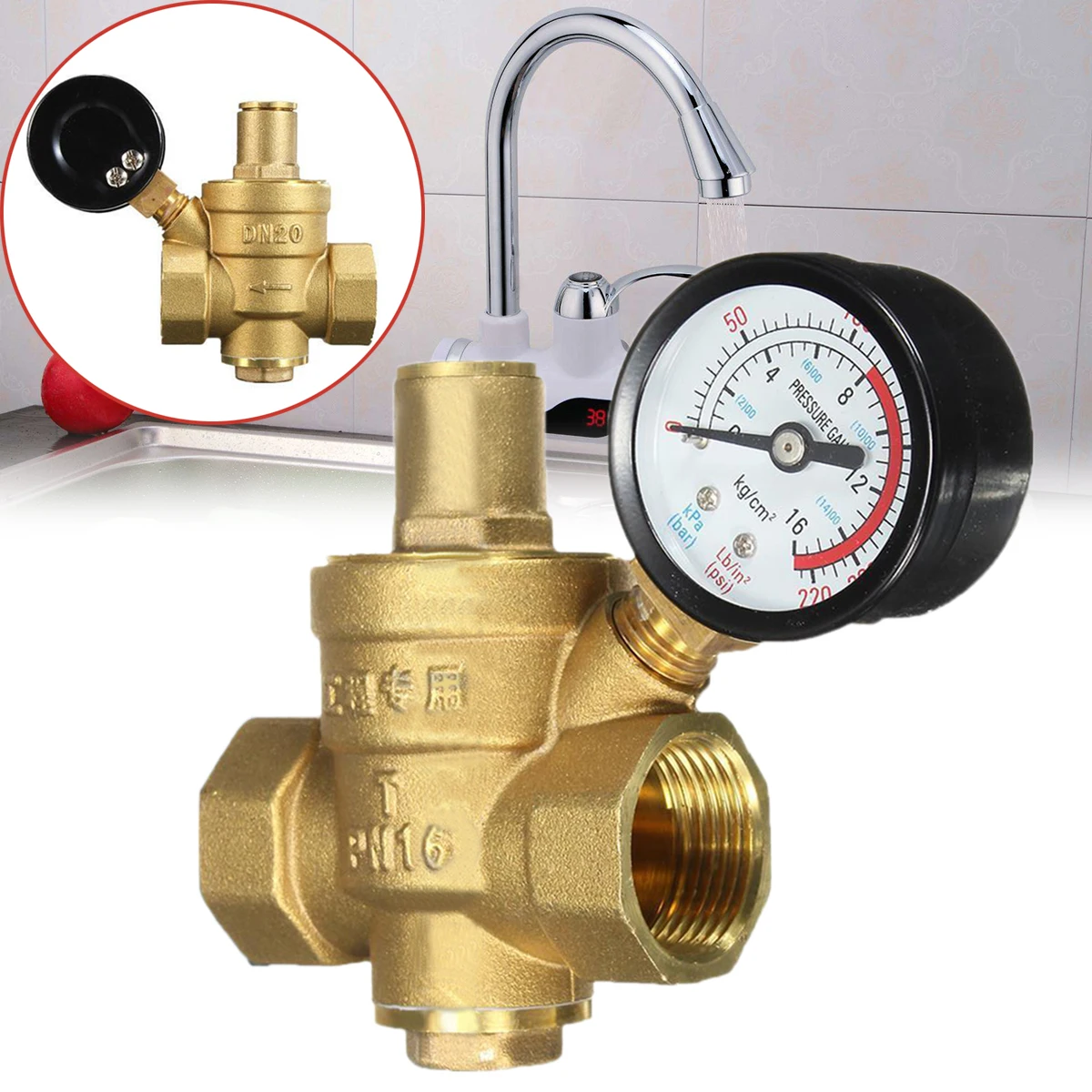 

DN20 3/4" Adjustable Brass Water Pressure Reducing Regulator Valves With Gauge