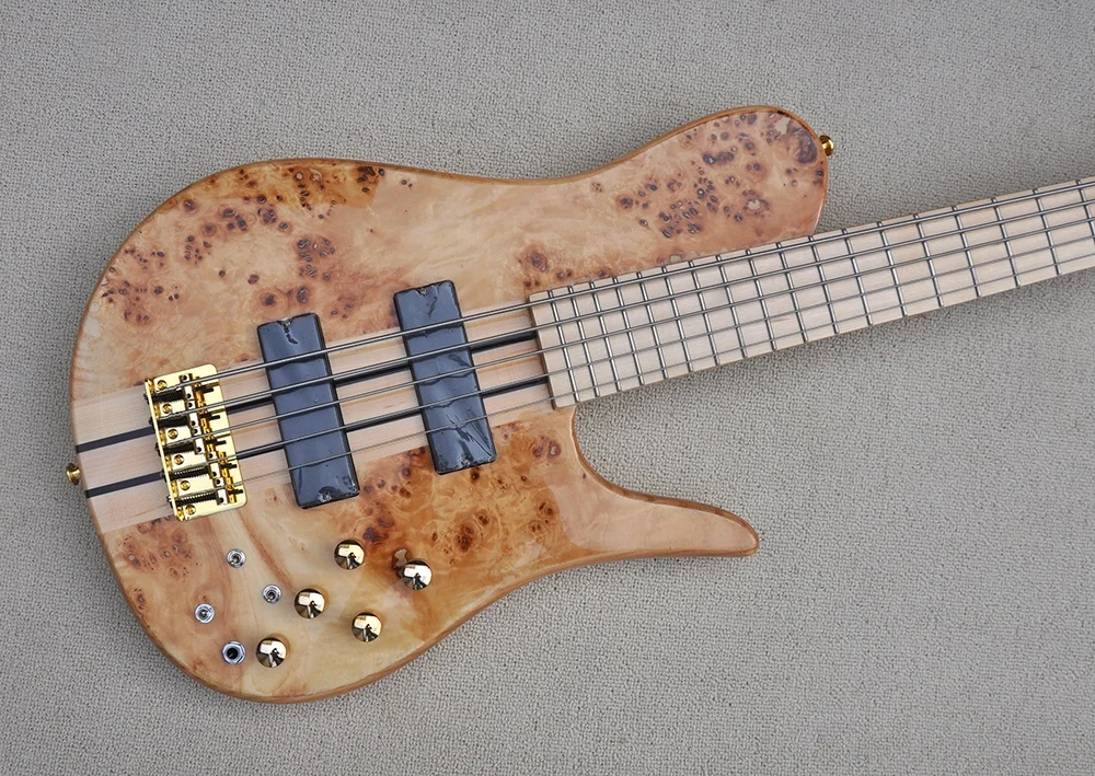 5 Strings Neck-thru-body Electric Bass with Burl Maple Veneer,Active Circuit,Maple Fretboard