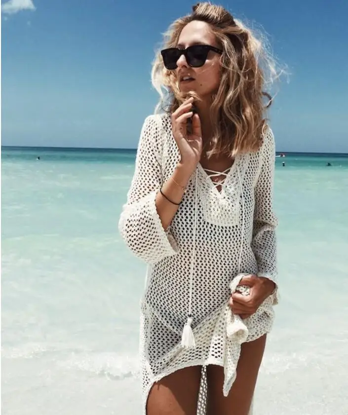 

Women's Swimming Suit 2020 Summer Mesh Hollow Out Crochet Dress Bathing Suit Cover Ups Beach Dresses Tunics Wrap Skirt