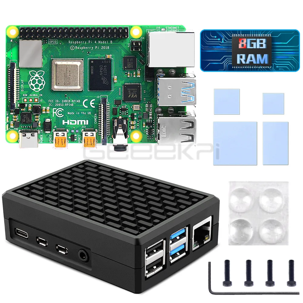 GeeekPi Schwarz Metall Fall Passive kühlung Aluminium Fall mit Kühlkörper Netzteil für Raspberry Pi 4B Pi 4 Modell B