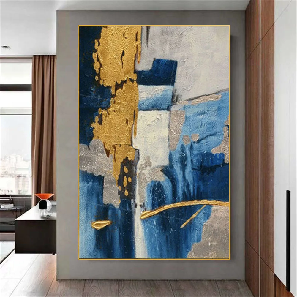 Hand-Painted Abstract Oil Painting Modern Gold Leaf Large Scraper Drawing Canvas Picture Wall Art For Living Room Home Decor