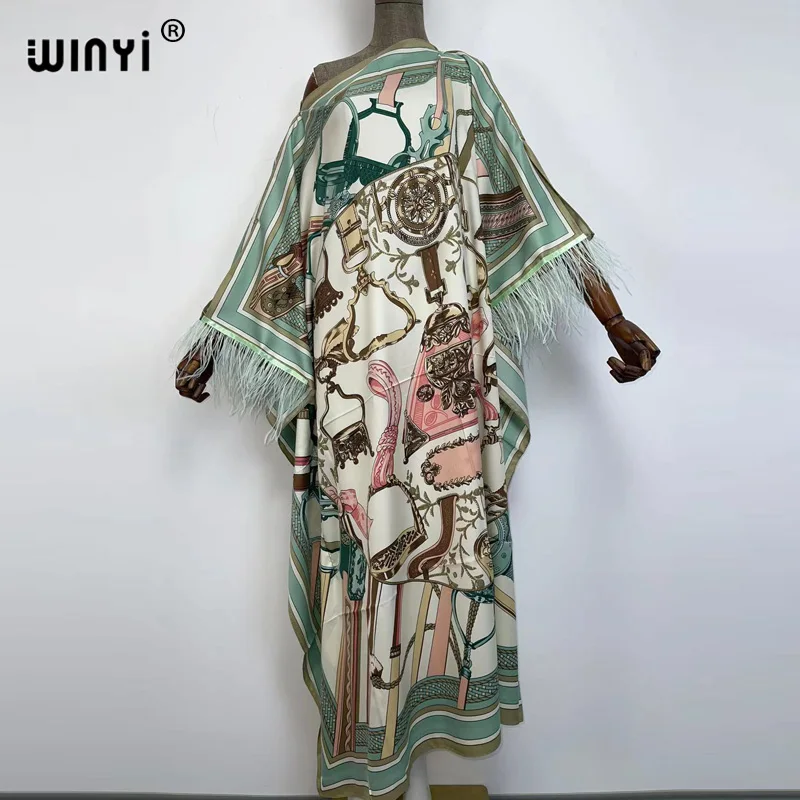 WINYI Popular Bohemian Feather Kaftan Floor Length Lady Maxi Dress Ostrich hair cuff Middle East Ramadan Muslim Women Dress