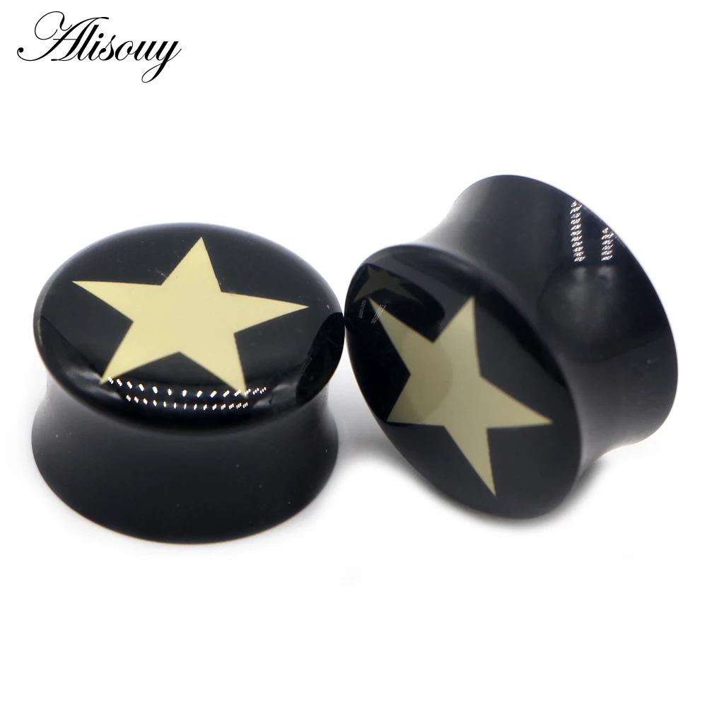 Alisouy 2pcs 4-25mm Ear Gauge Plugs Star Black Acrylic Screw Fit Flesh Tunnel Eyelet Stretchers Ear Plug Body Piercing Jewelry