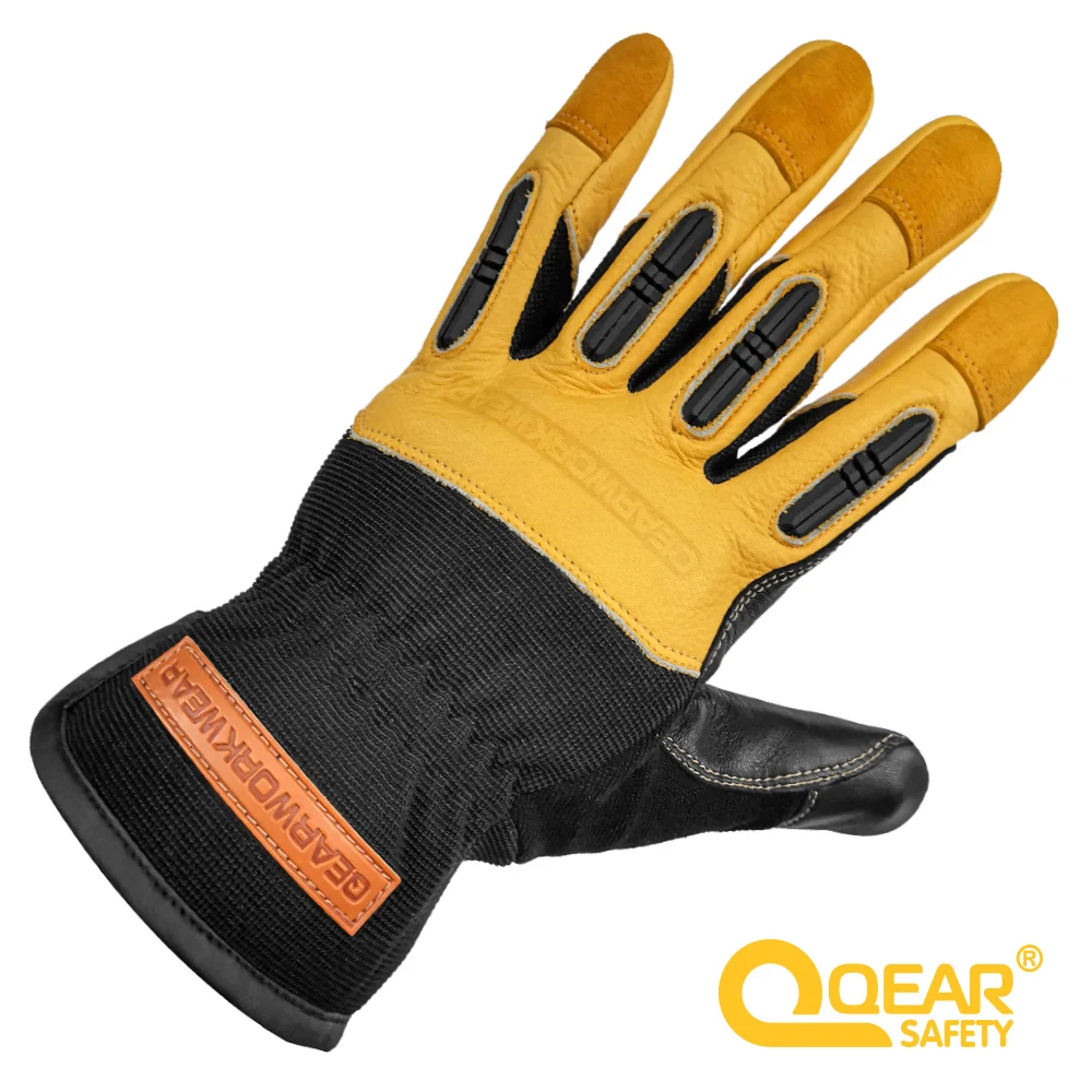 QEARSAFETY Cowhide Leather Mechanic Work Safety Gloves, Multi-Function, Knuckle TPR Rubber Anti-Impact