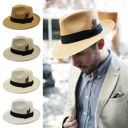 Mężczyźni kobiety słomkowe czapki Panama lato szerokie rondo Sombrero Fedora Sunhats Feather Band Trilby czapki Outdoor Travel rozmiar US 7 1/4 UK L