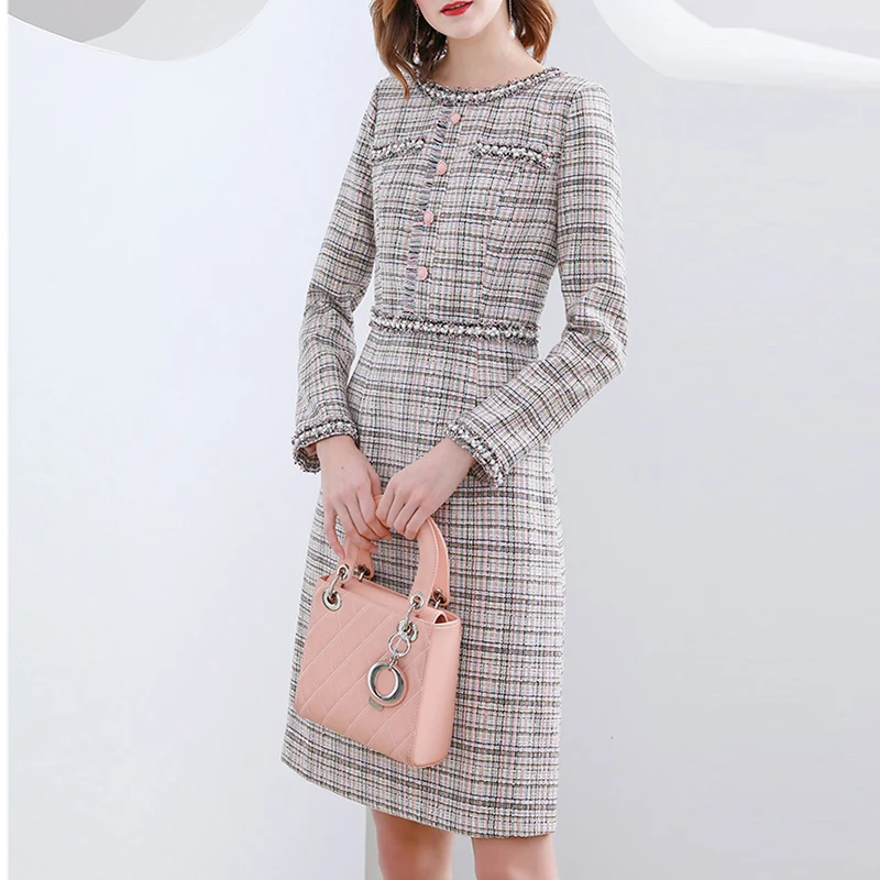 plaid tweed dress 2021spring / autumn women\'s dress fashion tweed dress A- line  One-piece Dress