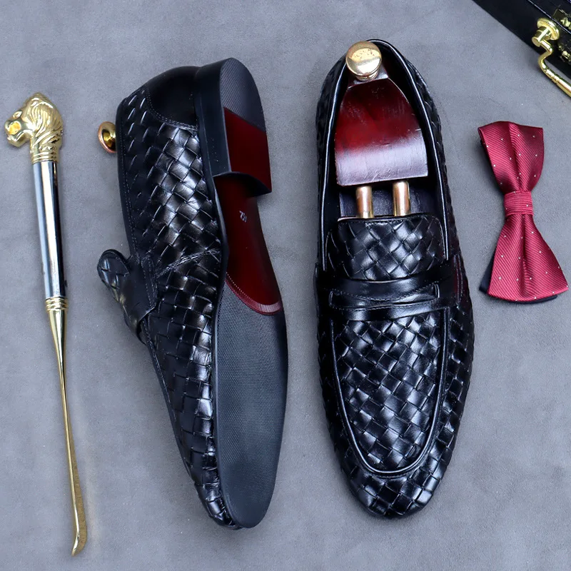 New British Style Business Dress Top Leather  Shoes Men Casual Soft Light Lazy Shoes Men Slip-On Woven Loafer Shoes