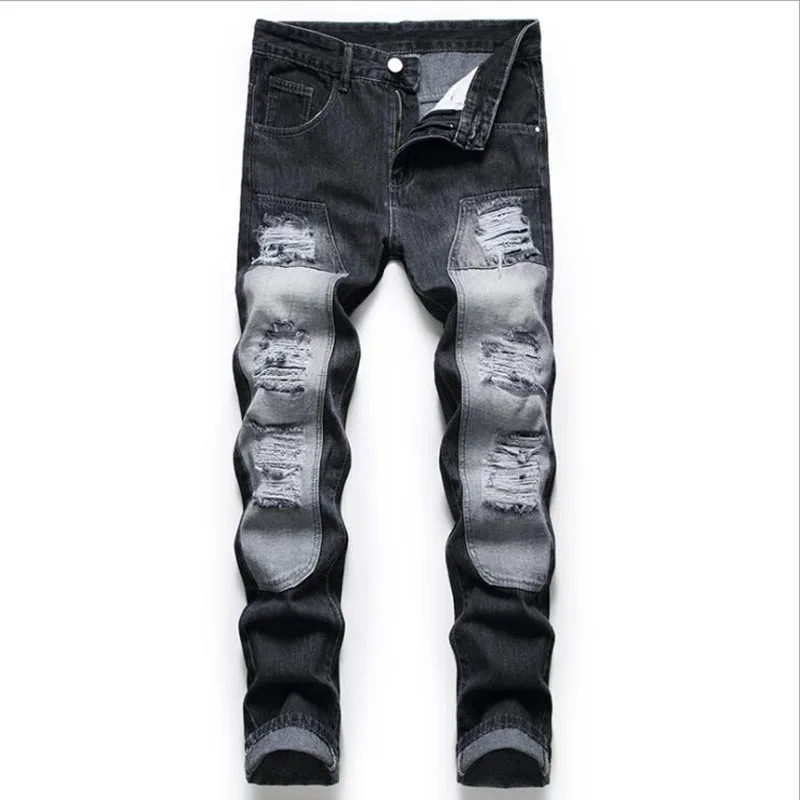 

American Style Biker Jeans Men 2021 Casual Washed Cotton Splicing Holes Jeans Mens pantalones hombre Black Denim Pants