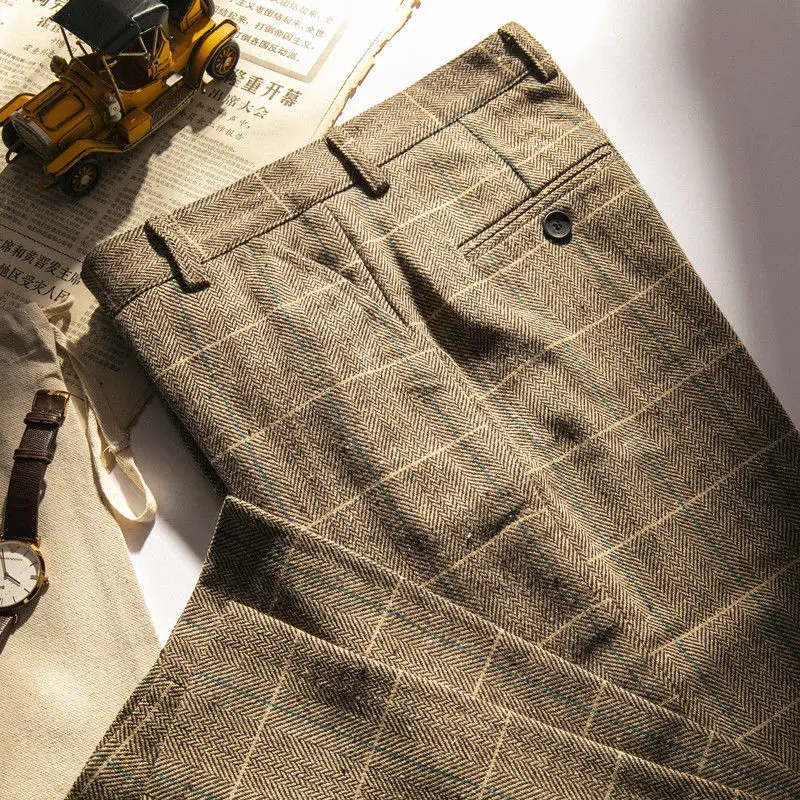 Men\'s Trousers Gray Herringbone Pants Retro Plaid Wool Tweed Casual Pant Gentleman Trousers Suit Male Man Pants Plus Size 2021